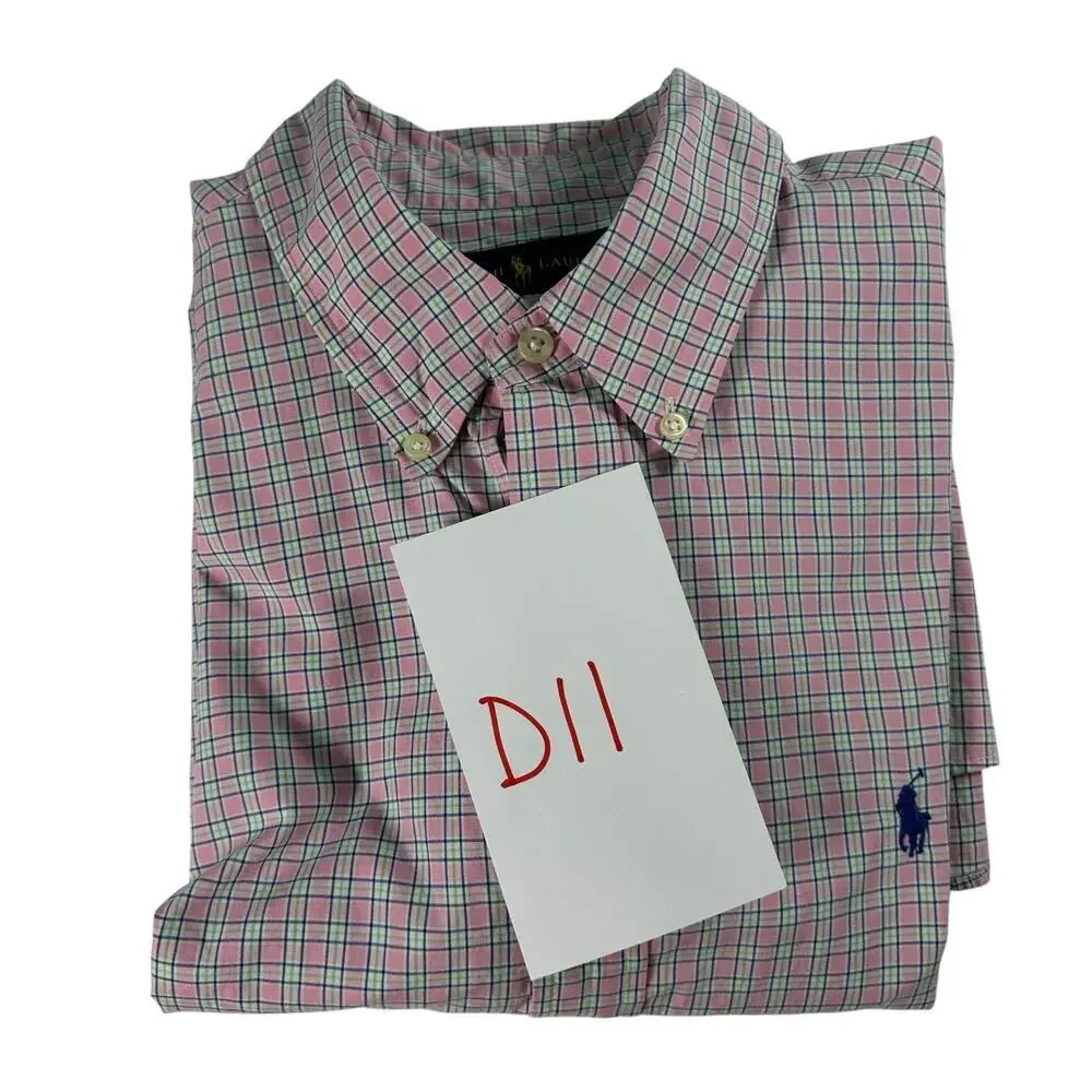 Ralph Lauren Pink Plaid Long Sleeve Button Down Collared Dress Shirt Cotton Sz L